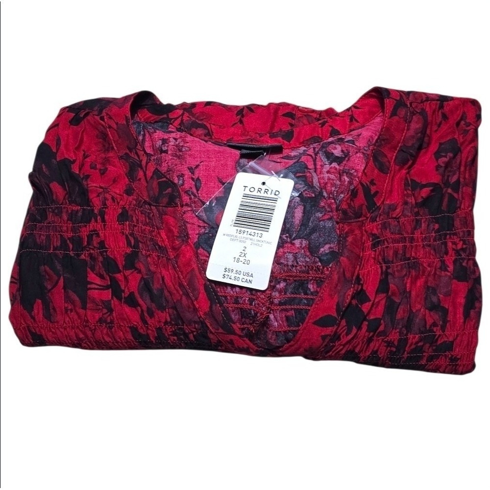 Torrid Tunic Top Womens Smocked Floral Button Down Red Black 2X NEW - Picture 4 of 13